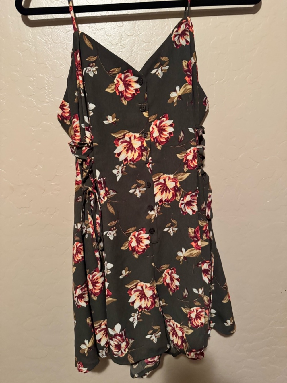 Floral Romper with Side Tie - Gray with Red & Cream Flowers